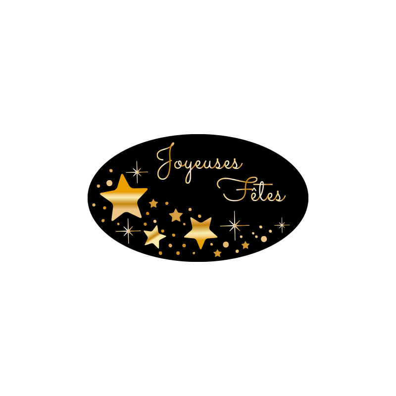 Oval adhesive gift labels with Joyeuses fêtes in black and gold (x500)